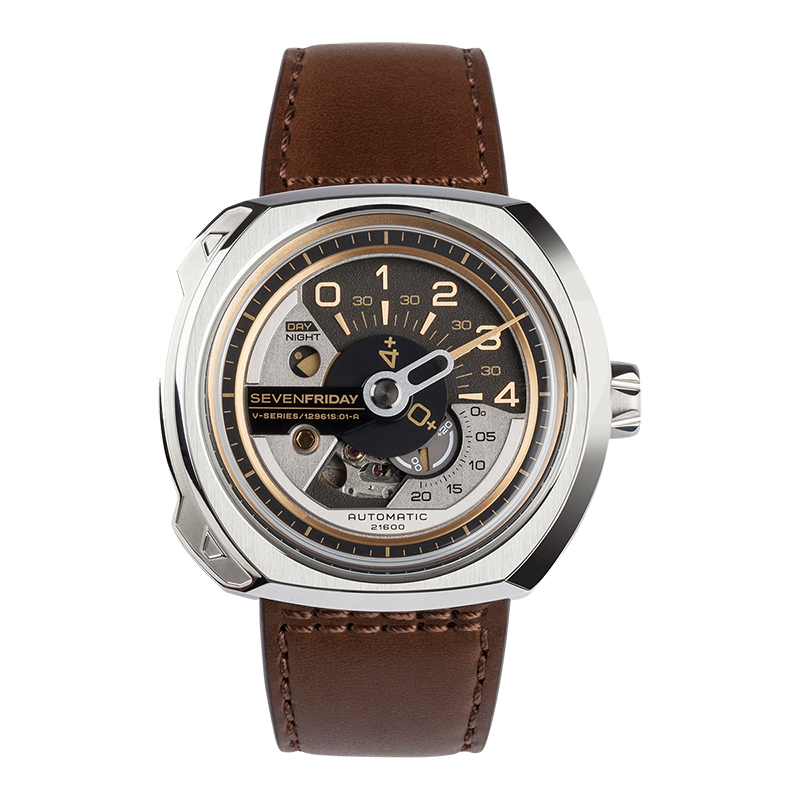 Sevenfriday V Series Stainless Steel Open Balance Wheel Mvmt. Brown Leather Strap