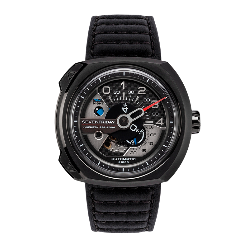 Sevenfriday V3/1 Series Stainless Steel PVD Open Balance Wheel Mvmt. Black Leather Strap. 44m