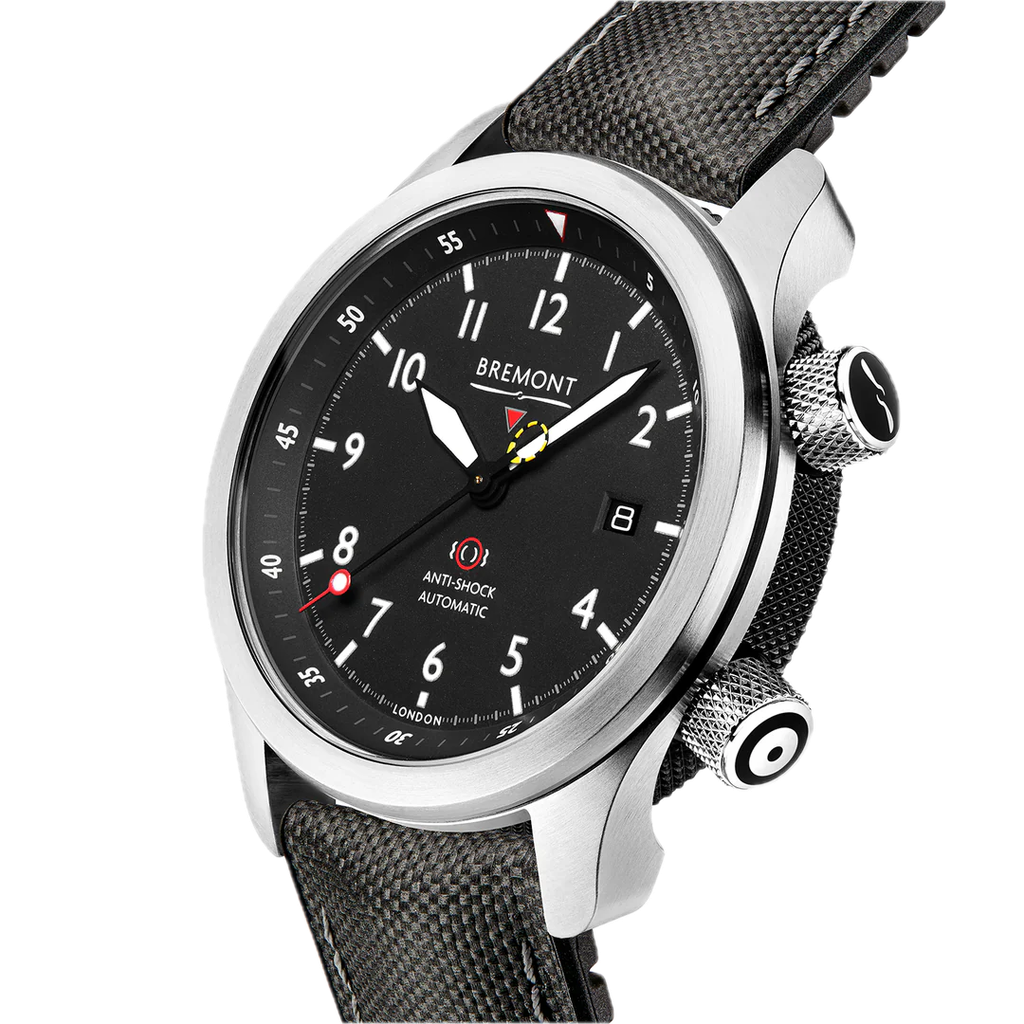 Bremont Mbii/An, Stainless Steel, Black Arabic Dial On A Black Leather & White Stitched Strap.