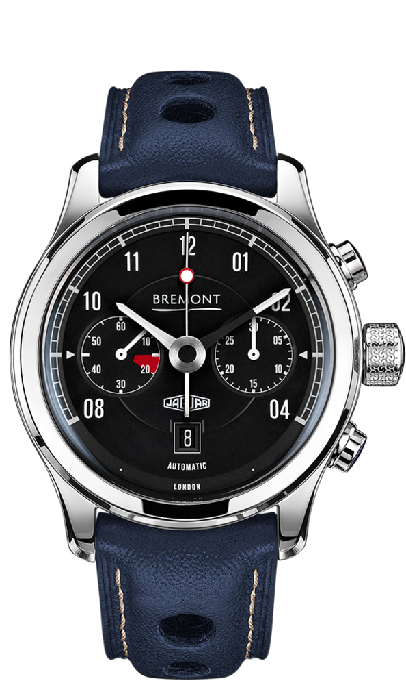 Bremont Stainless Steel Jaguar E Type Chrono Black Dial Black Gator Strap. 43m