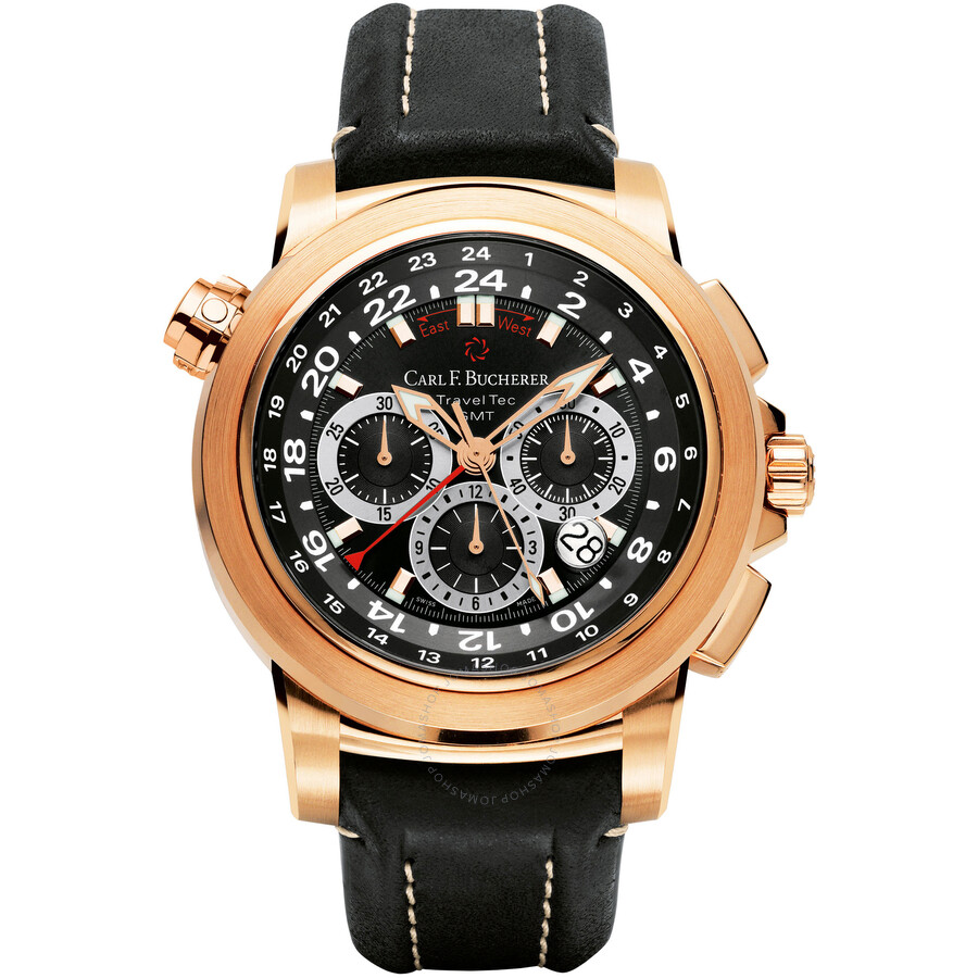 Carl F. Bucherer Traveltec Patravi Black Dial 18k Rose Gold Case Black Strap