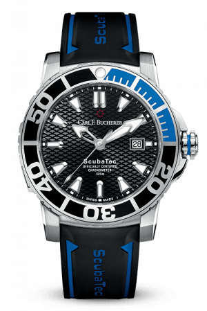 Carl F. Bucherer Patravi Scubatec Stainless Steel & Ceramic, 44.6m On Black Dial & Black Rubber Strap, Blue Accents