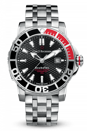 Carl F. Bucherer Stainless Steel Ceramic Patravi Scubatec On Bracelet. Red Accents. 44.6m