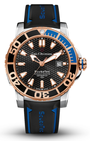 Carl F. Bucherer Steel/18r/Ceramic Patravi Scubatec On Rubber Strap. Blue Accents. 18k Rose Gold Bezel/Crown.