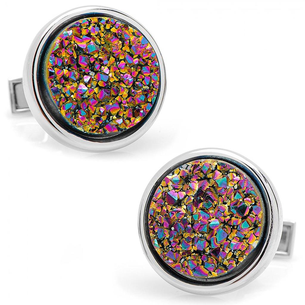 Round Purple Silver Druzy Cufflinks