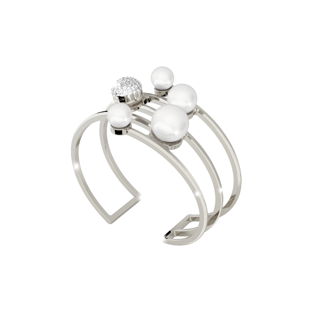 Rebecca White Gold Plated Bangle W/5 Strands & 4 Pearls & 1 White Stone Cluster