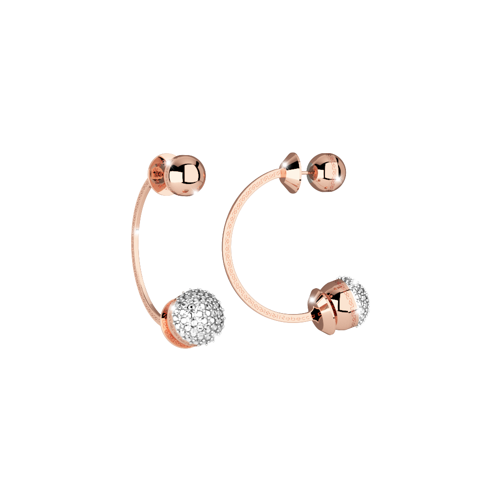Rebecca Rose Gold Plated Backward Hoop Earrings W/White Stone Cluster Ball