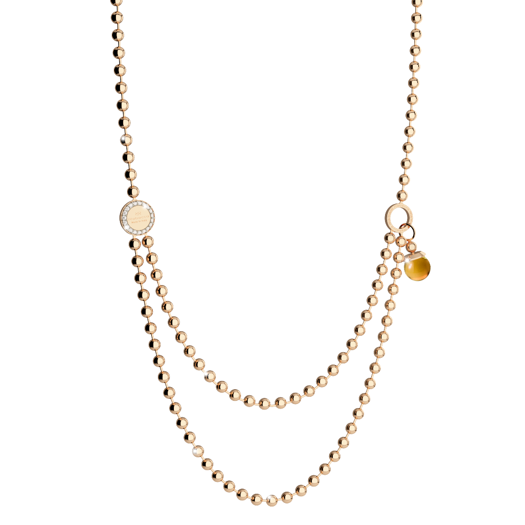 Rebecca Rose Gold Plated Half Double Strand Beaded Necklace W/Amber Stone