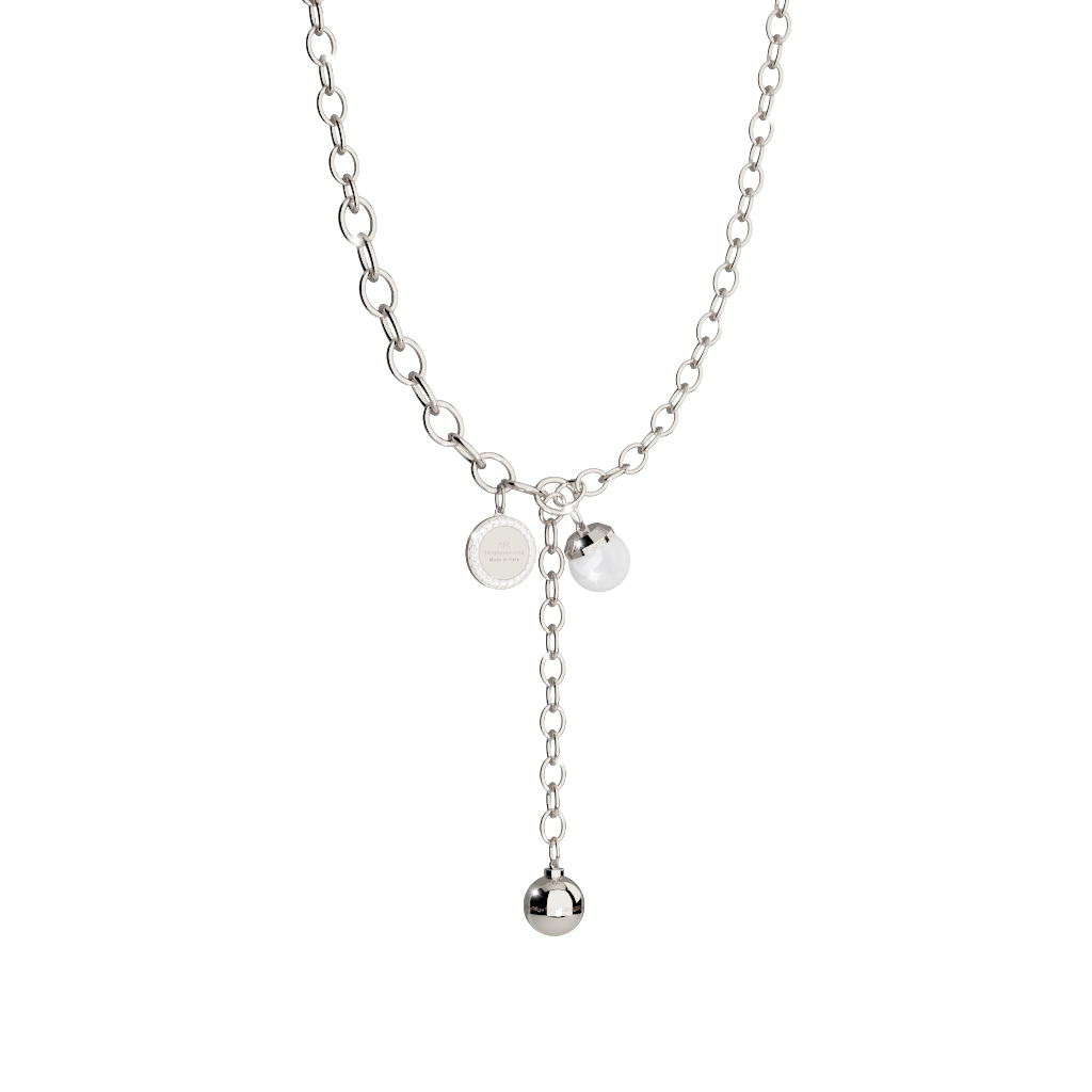 Rebecca Stainless Steel Lariet Necklace W/Pearl & Stainless Steel Bead