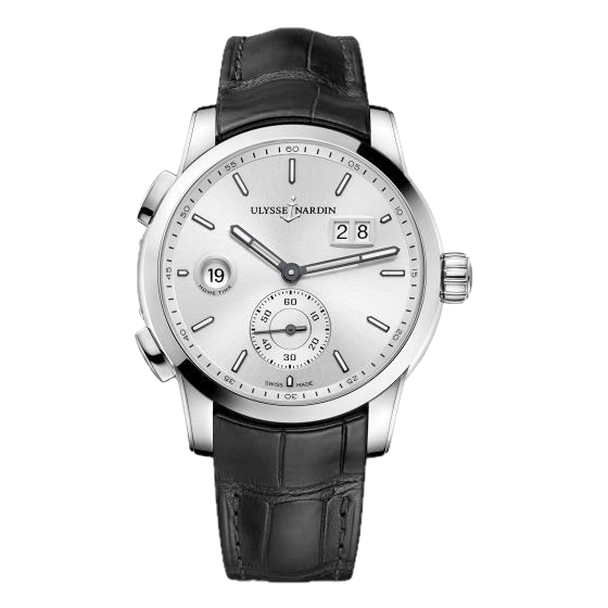 Ulysse Nardin Steel Dual Time Manufacture Big Date. Silver Dial, Black Gator Strap. 42m