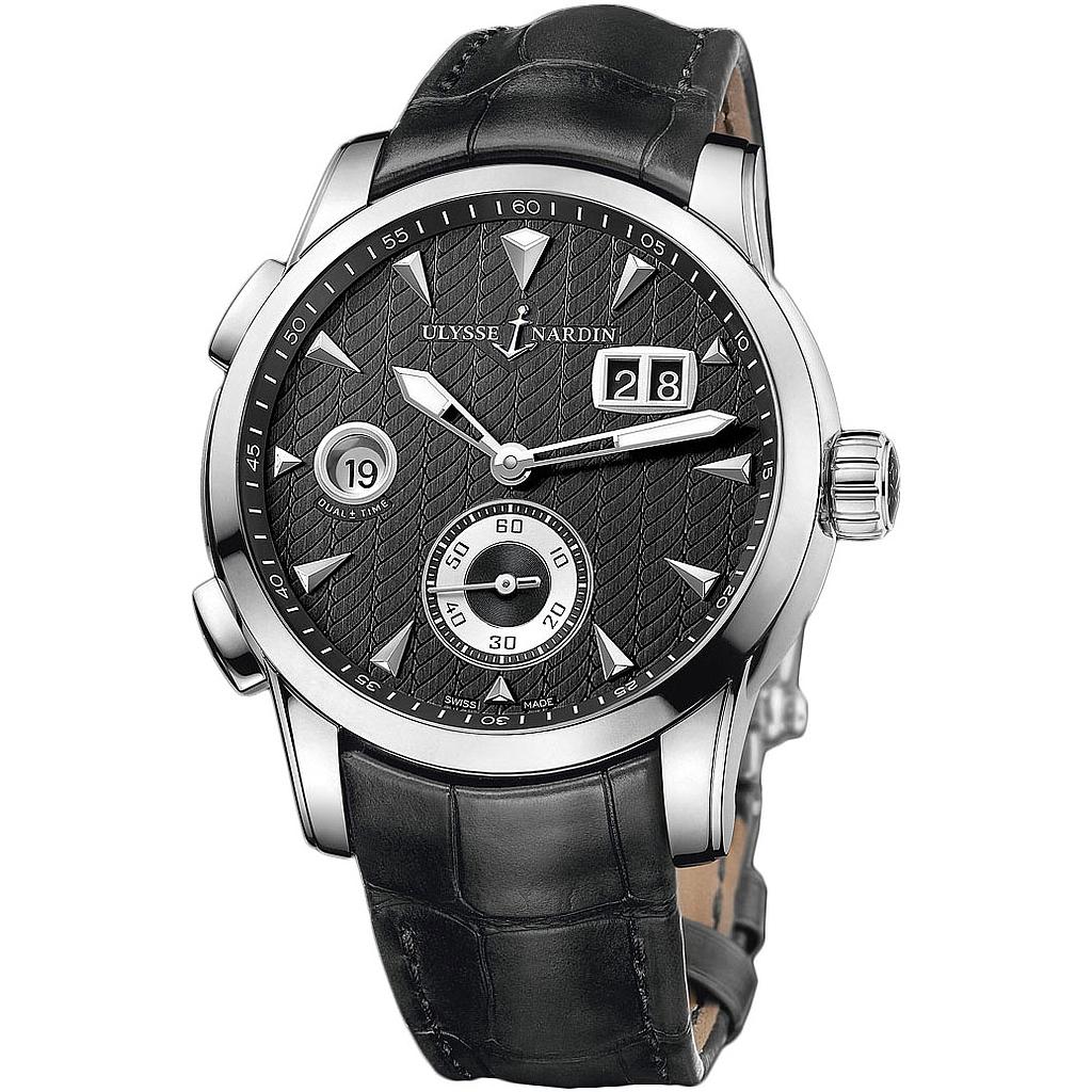 Ulysse Nardin Stainless Steel Dual Time Mfg. Black Dial W/Black Gator Strap. 42m
