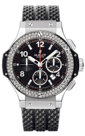 Hublot Big Bang Gents Chrono Diamond Bz Black Dial. Black Rubber Strap Box Included