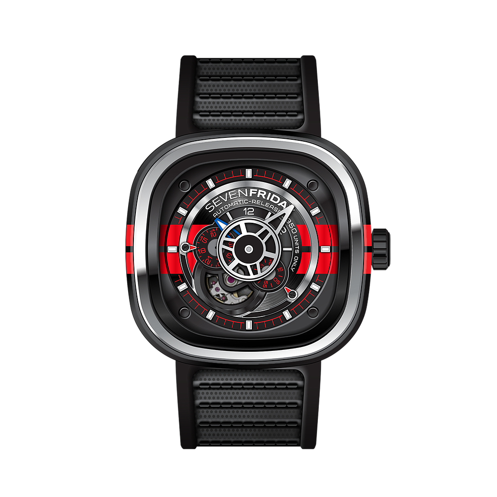 Sevenfriday P3/Bb Special Edition Big-Block Stainless Steel & Black PVD Watch Red Accents Black/Red Strap
