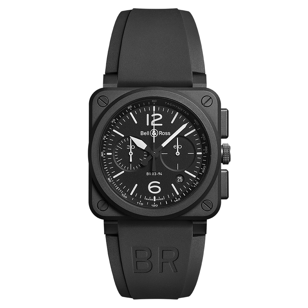 Br03 Chronograph Aviation Automatic Black Matte Case Black Matte Dial Black Rubber Strap