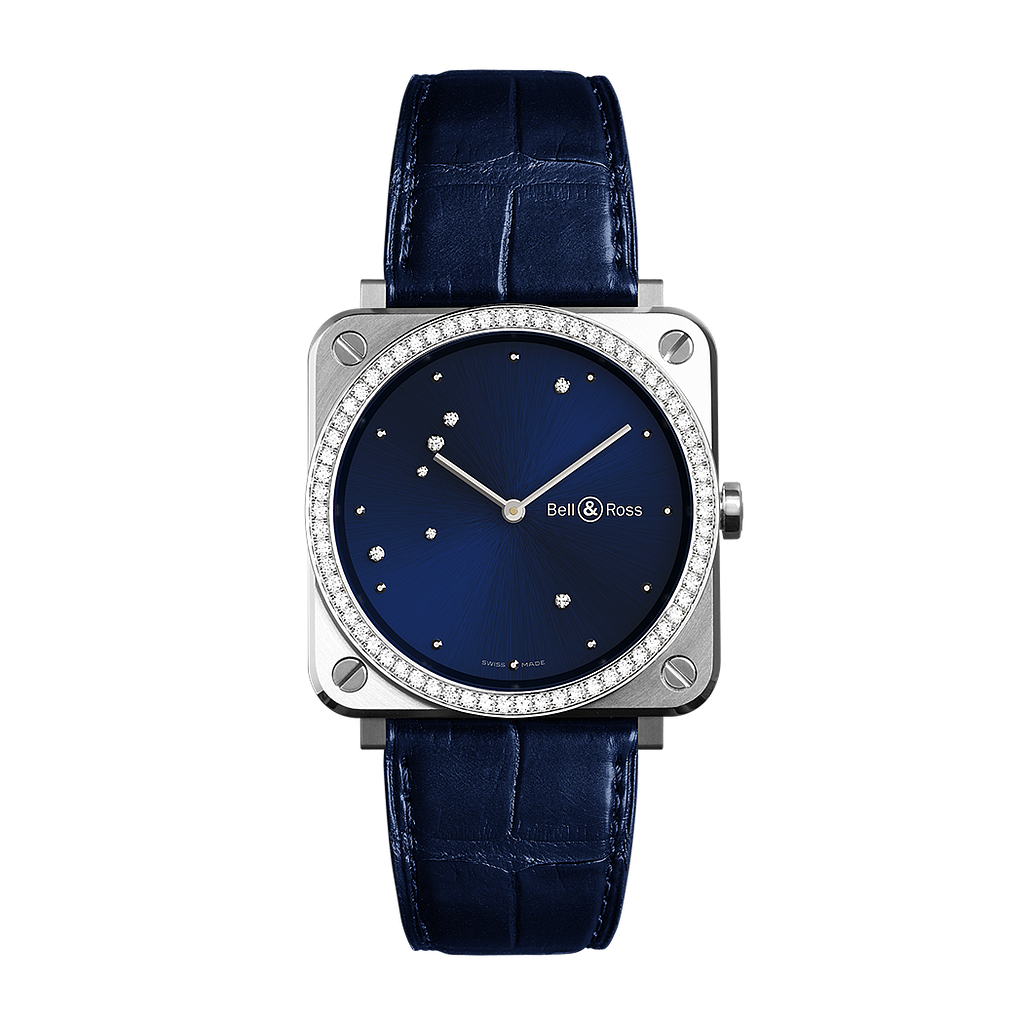 39m Quartz, Blue/Diamond Dial, Stainless Steel Case W/Diamond Bezel, Blue Gator Strap