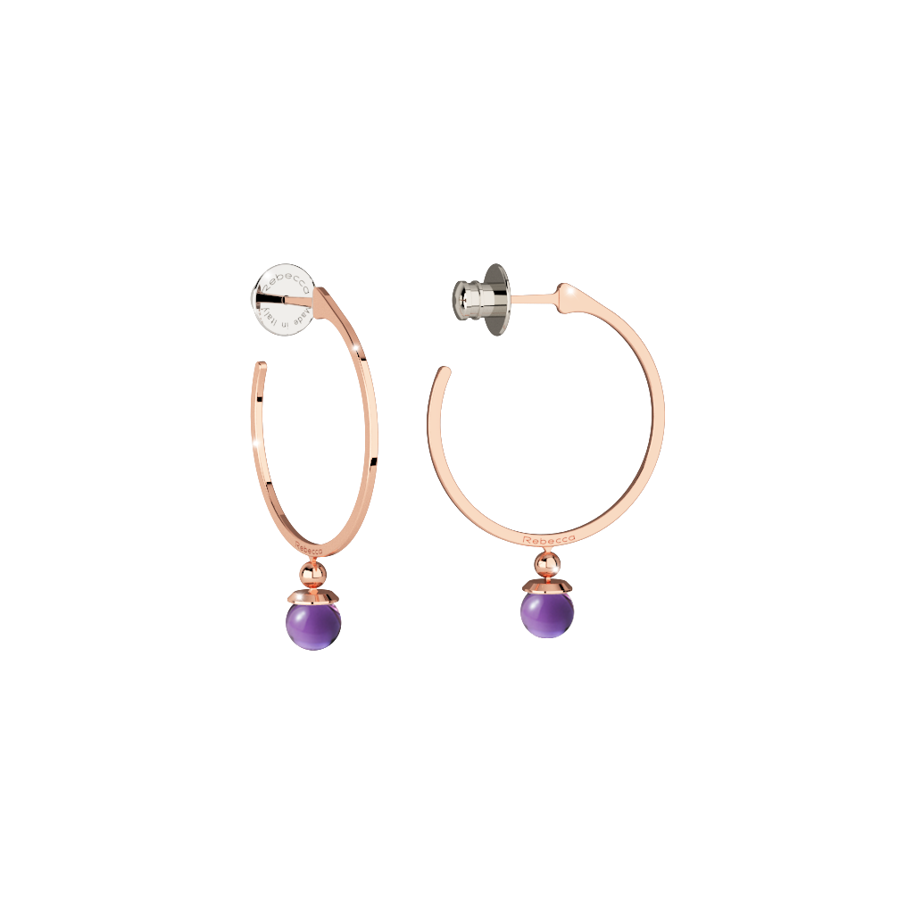 Boulevard Rose Tone Med Hoop Earrings W/1 Purple Stone Each