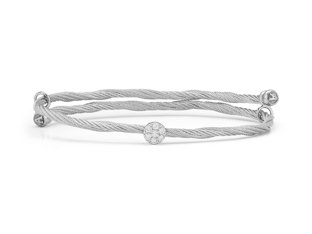 18k Bangle White Gold & Ss Grey Cable W/1 Round Station