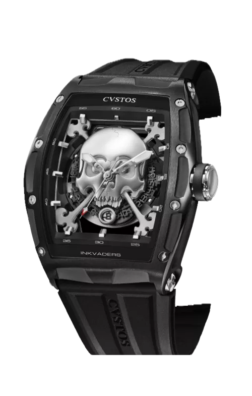 Jetliner Steel Skull Inkvaders In Black Stainless W/White Rubber Strap