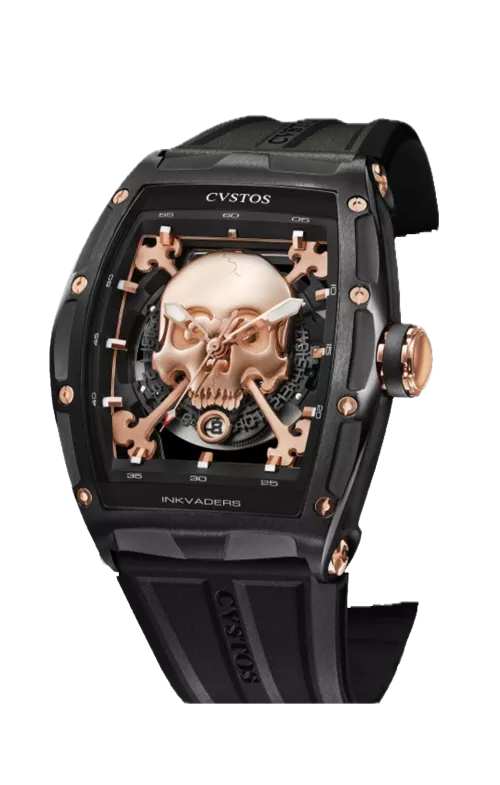 Jetliner Rose Gold Skull Inkvaders In Black Stainless W/Black Rubber Strap