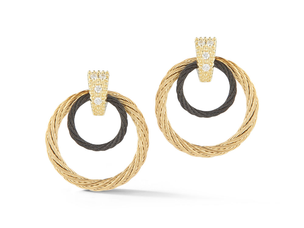 18kYellow Gold & PVD Black Diamond Top Double Circle Earrings