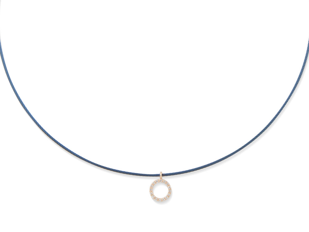 Blue PVD Cable W/18k Rose Gold Diamond Circle Necklace