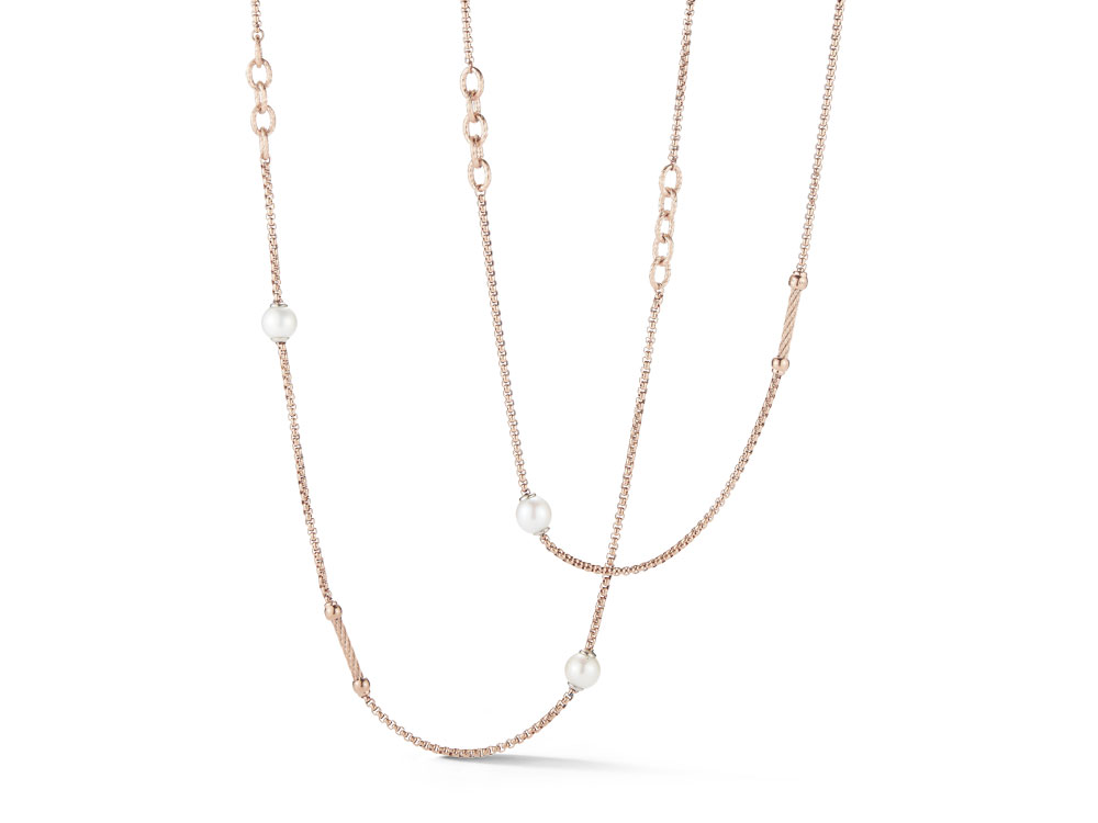 Yellow PVD 3 Links Section 4 Pearl Long Necklace