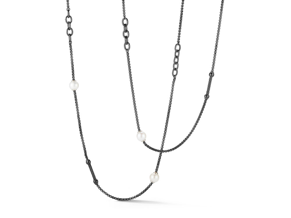 Black PVD 3 Links Section 4 Pearl Long Necklace