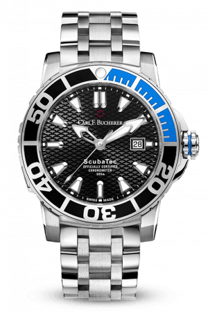 Carl F. Bucherer Patravi Scubatec Stainless Steel Bracelet Black Dial Black & Blue Bezel Date At 3