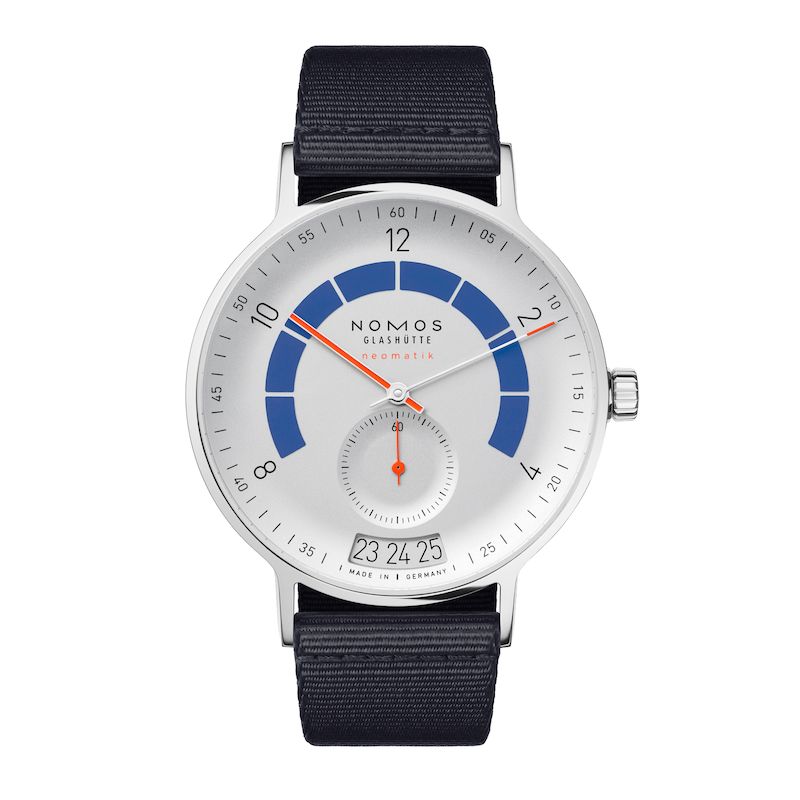 Nomos Autobahn Neomatik 41 Silver/Blue Dial On Blue/Black Woven Strap