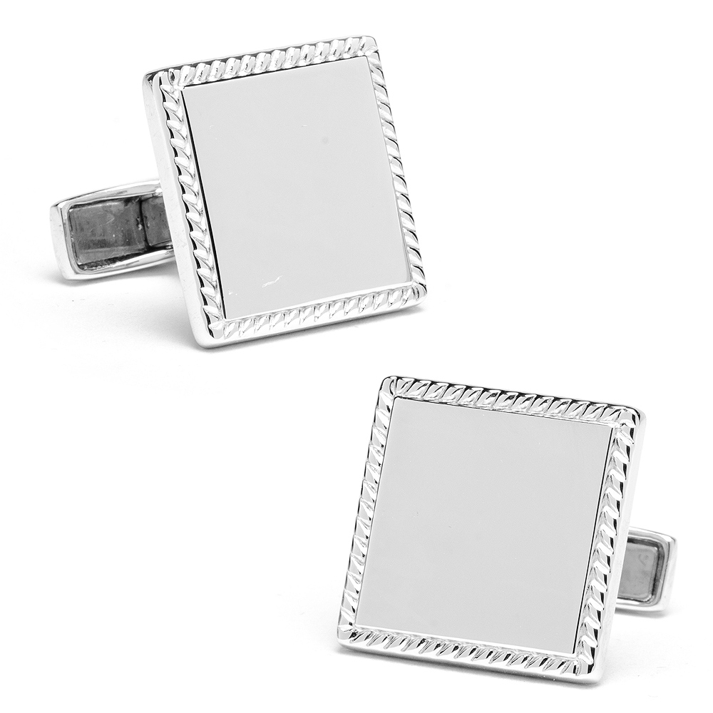 Sterling Silver Rope Border Square Engravable Cufflinks