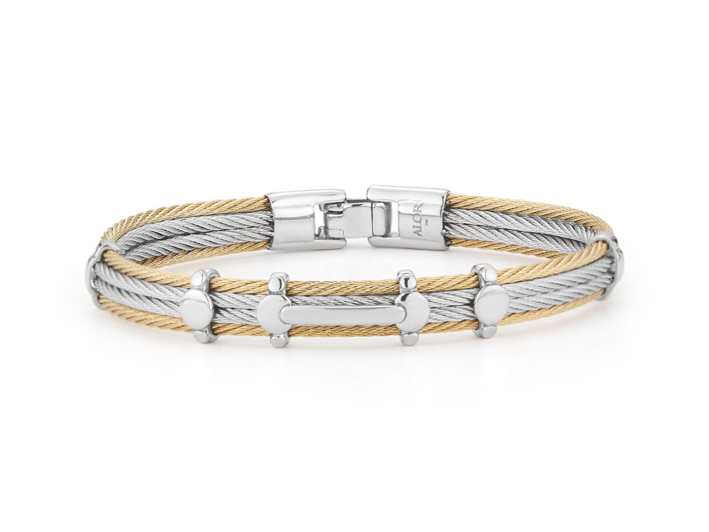 Men's Yellow & Grey Cable Bracelet With Multi Steel Stations