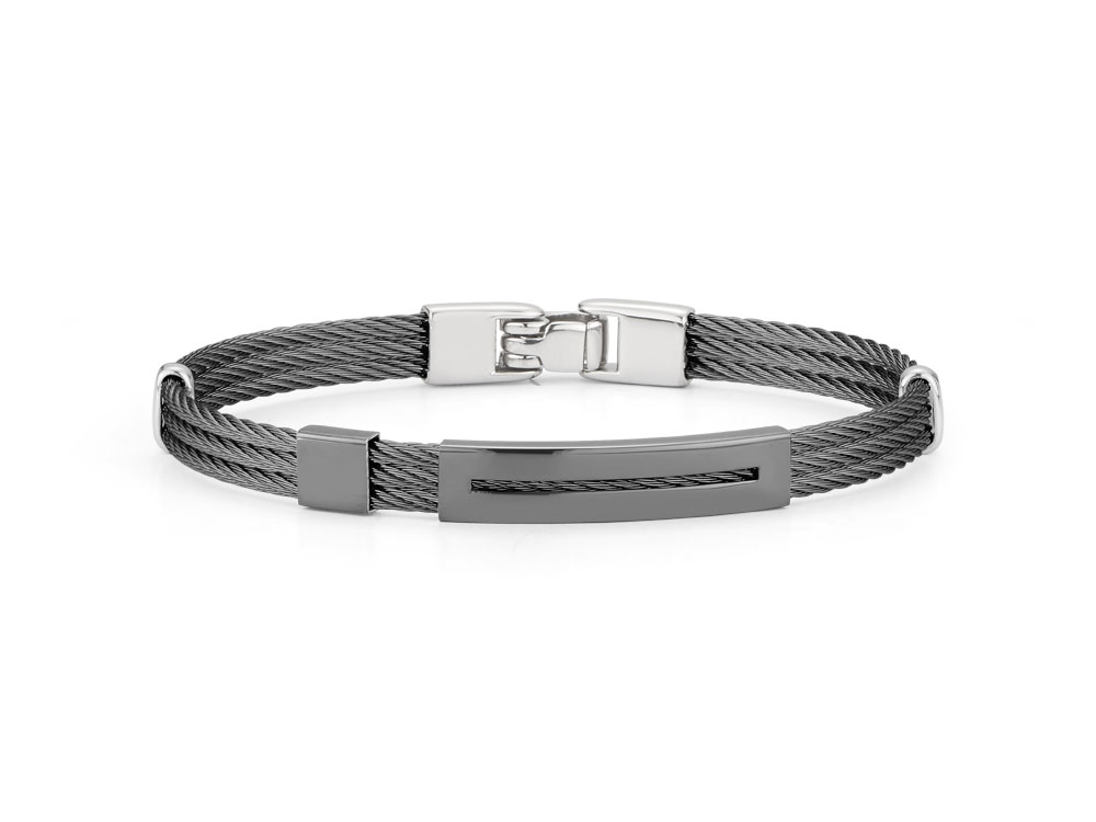 Men’s Stacked Black Cable Bracelet With Open Stainless Steel Block Black Station