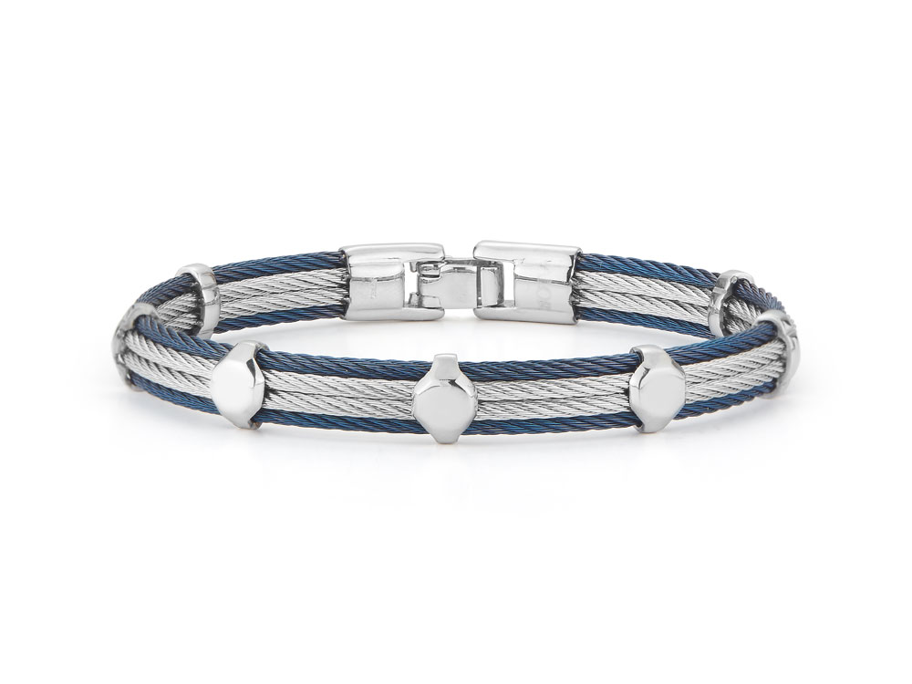 Men's Blue & Grey Cable Bracelet With Three Round Steel Stations