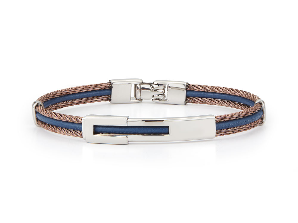 Men's Bronze Cable & Blue Leather Bracelet With Steel Station