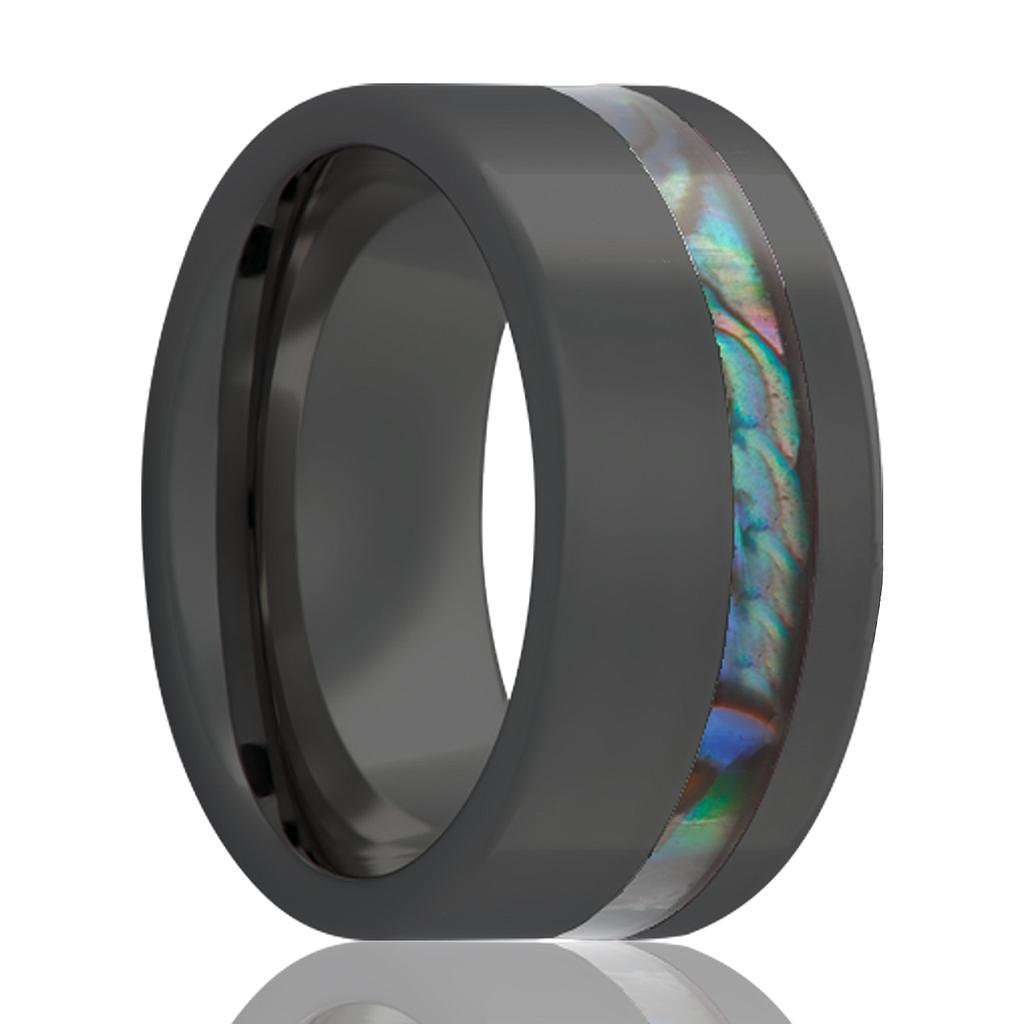 8mm Black Ceramic Pipe Cut Offset Opal Inlay Wedding Band