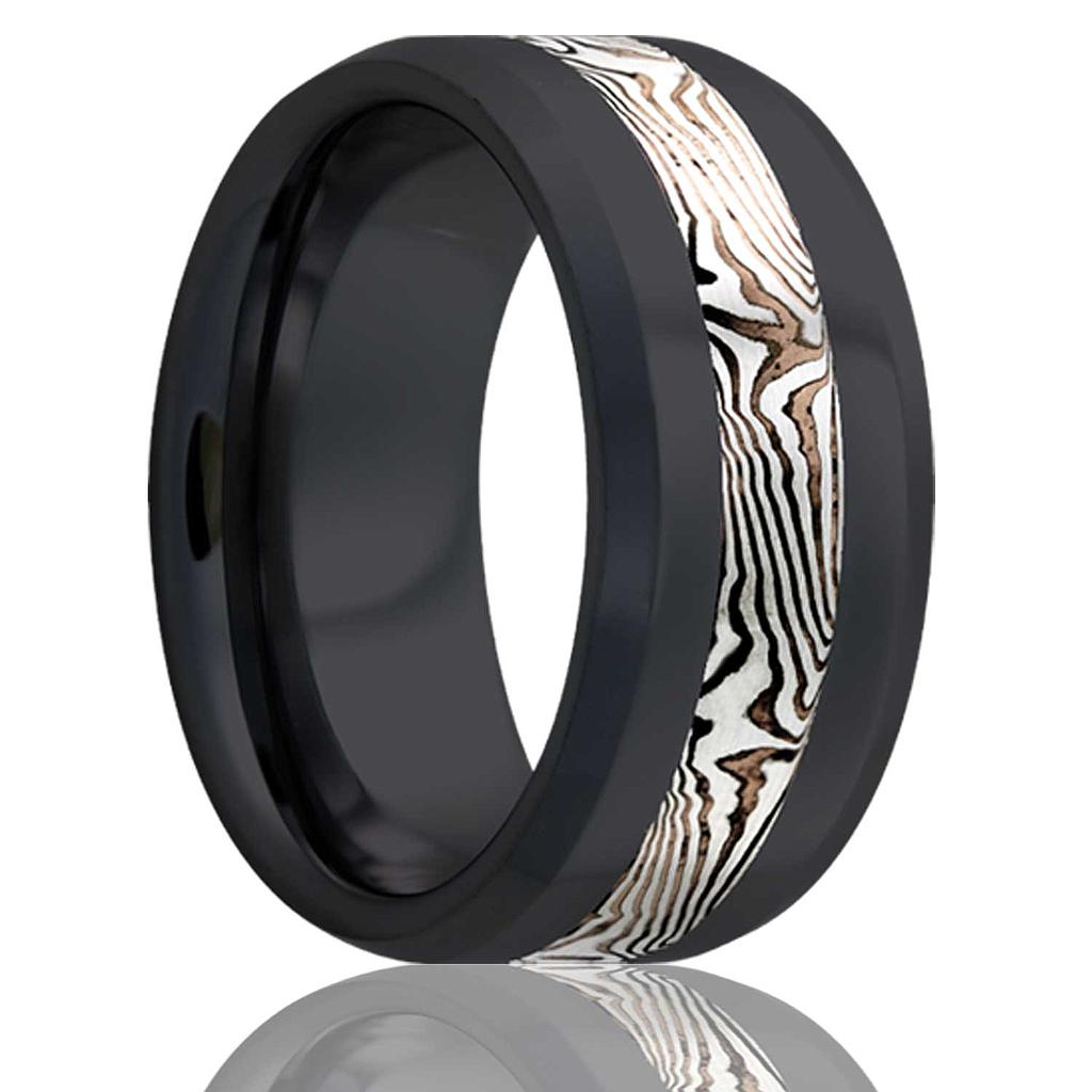 8mm Zirconium Bevel Edge Sterling Silver & Shakudo Mokume Gane Inlay Wedding Band
