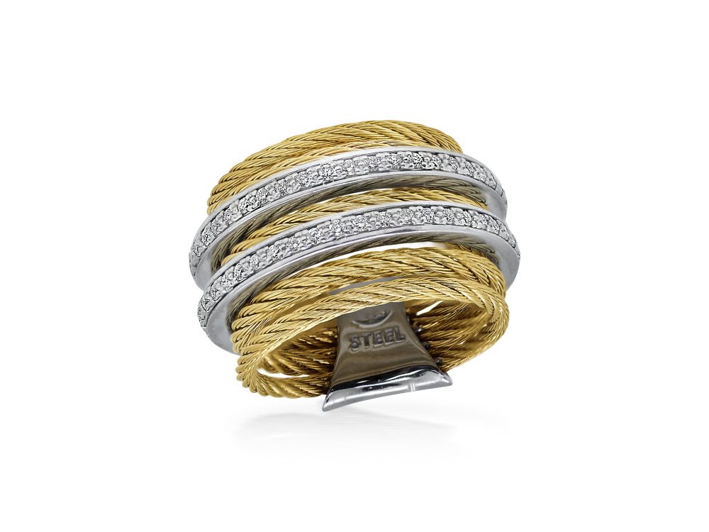 Yellow 7 Row Cable Ring With Dual Rows Of 18k White Gold & Diamonds