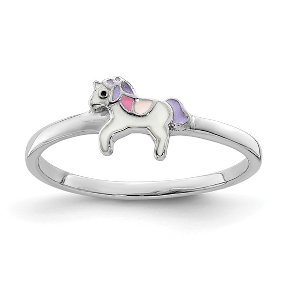 Sterling Silver Rhodium-Plated Childs Enameled Unicorn Ring