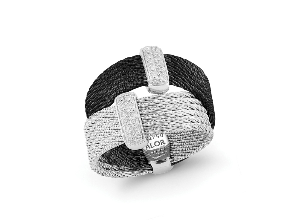 Black & Grey Cable Crossed Ring With 18k White Gold & Diamonds