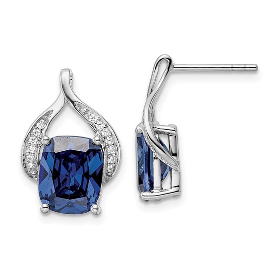 Sterling Silver Rhodium-Plated Blue Shaped Stone & Cz Post Earrings