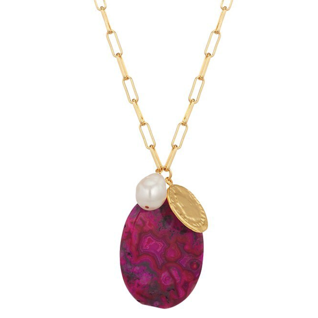 Purple Magenta Agate Long Charm Necklace