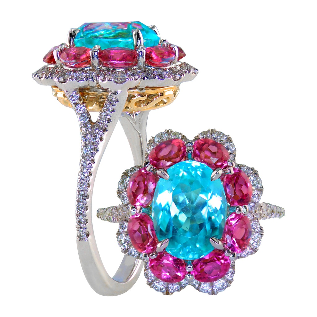 18k Twotone Paraiba & Pink Tourmaline Diamond Ring