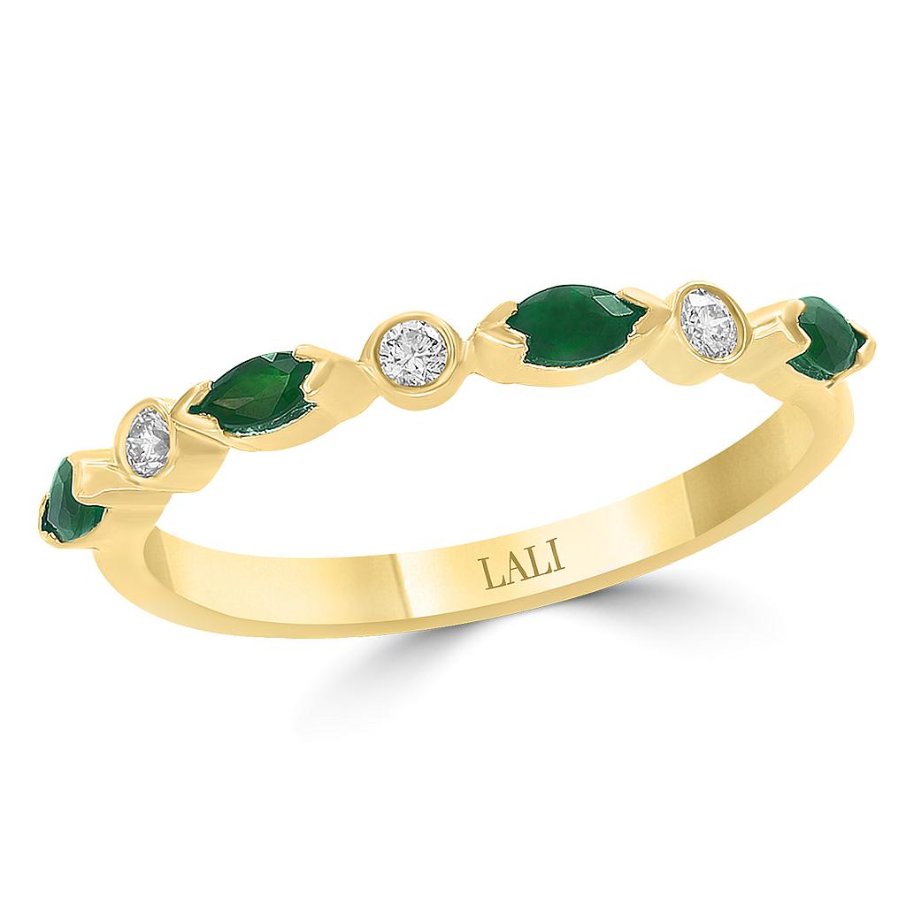 14k Yellow Gold 4 Marquise Emerald & 3 Round Diamond Band