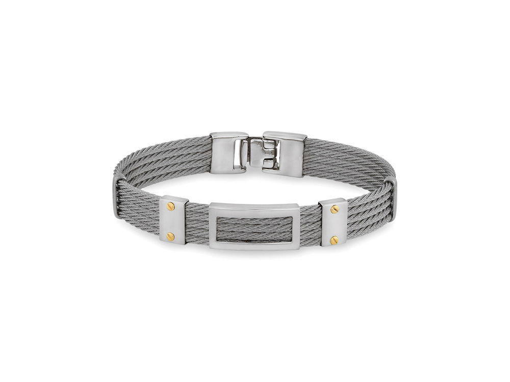 Grey Cable Bracelet With Framed Steel Rectangular Station & 18k Yellow Gold