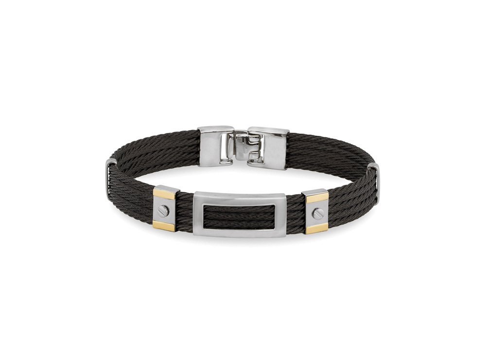 Men's Bangle Bracelet Black Cable 18k Yellow Gold & Stainless Steel