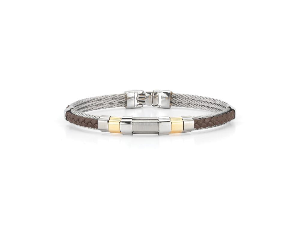 Men's Grey Cable & Brown Braided Leather Bracelet With Steel & 18k Yellow Gold Station