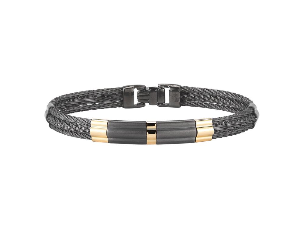 Men’s Black & Gunmetal Cable Bracelet With Yellow Gold & Black Steel Bar Station
