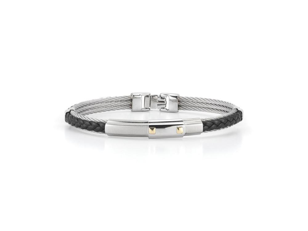 18k Bangle Rg/Ss W/Ss Cable & Black Leather Size 8.75