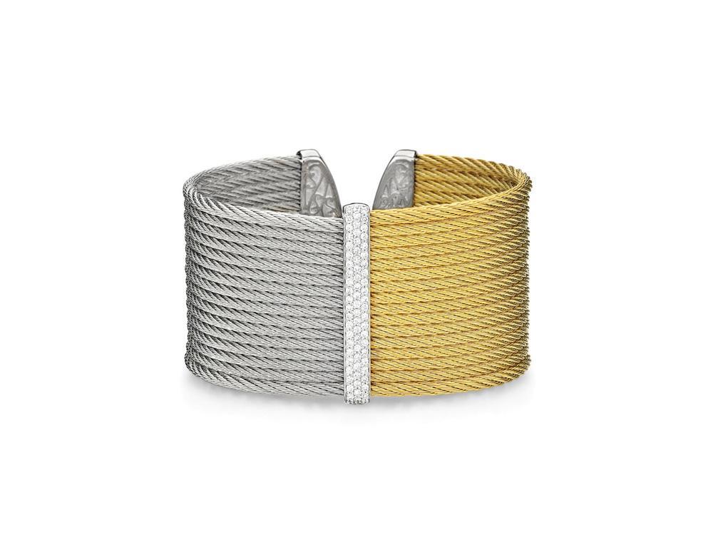 Large Cuff 18k Bangle White Gold & Ss S Grey & Yellow Cable Size 6.25