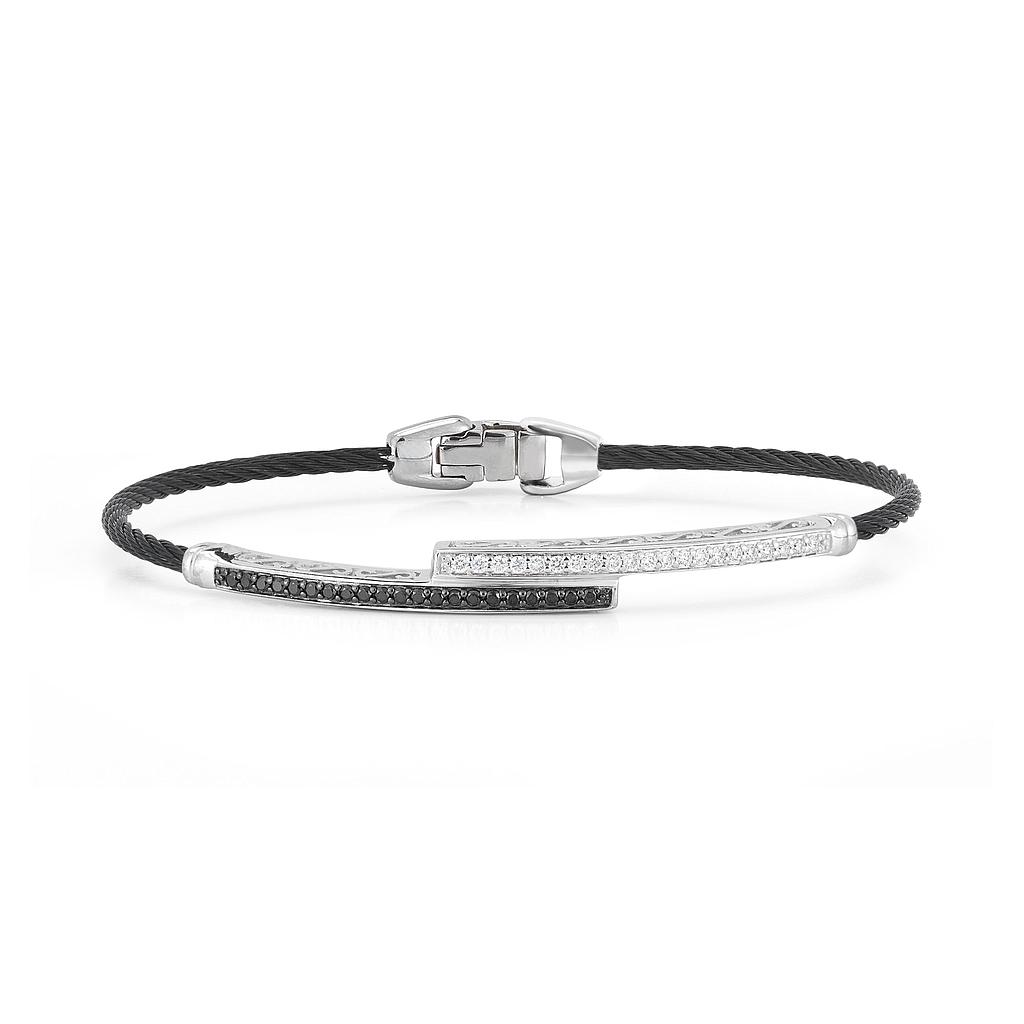 18k Bangle White Gold & Ss W. Black Cable, 0.18ct Wh
